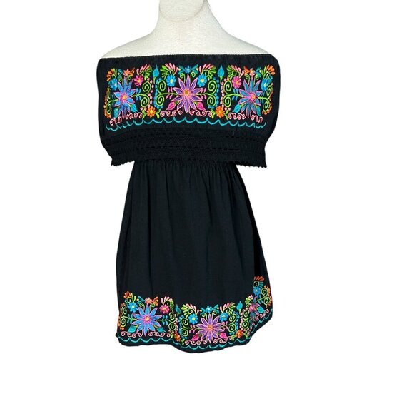 Mexican Black Embroidered Floral Off Shoulder Peasant Dress - Picture 1 of 9